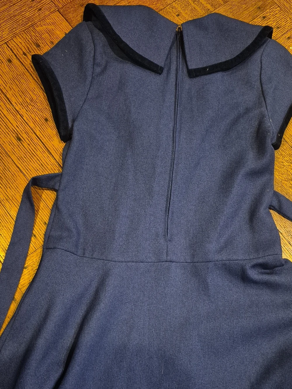 Girls Navy Sailor-Style Dress with Black Trim and Velvet Bow